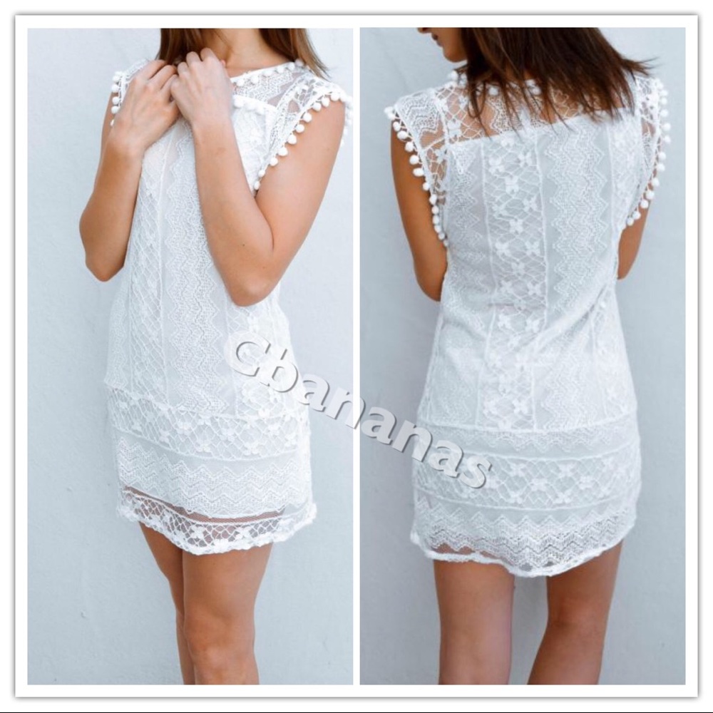 Pom-Pom Mini White Dress Summer Relaxed Lace Slip - Picture 3 of 8